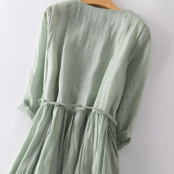 Abito midi da donna con maniche corte, lacci e tasche, modello casual con volant e motivo a volant, Buddha Stones - image 3