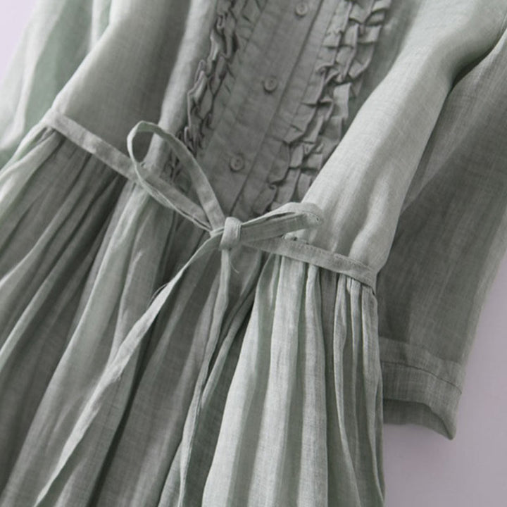 Abito midi da donna con maniche corte, lacci e tasche, modello casual con volant e motivo a volant, Buddha Stones - image 5