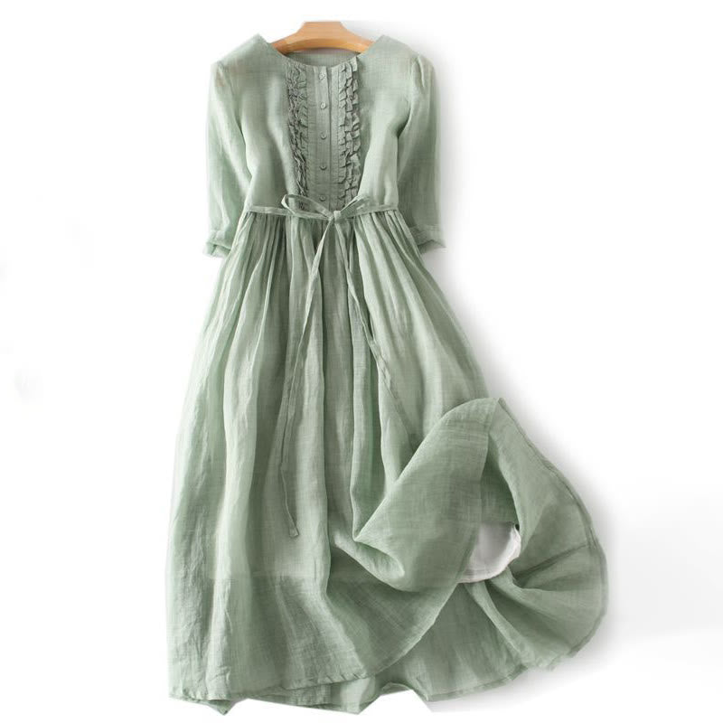 Abito midi da donna in cotone e lino con maniche corte, allacciato, casual, con volant e tasche, modello Buddha Stones - Verde chiaro - US8-10, UK/AU12-14, EU40-42 (2XL) - image 1