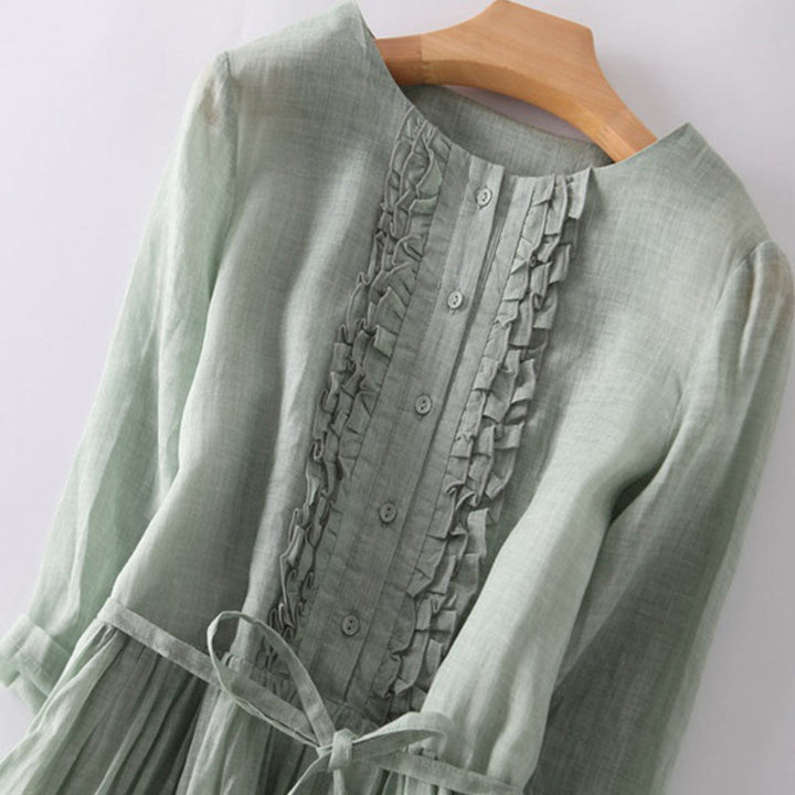 Abito midi da donna in cotone e lino con maniche corte, allacciato, casual, con volant e tasche, modello Buddha Stones - image 3