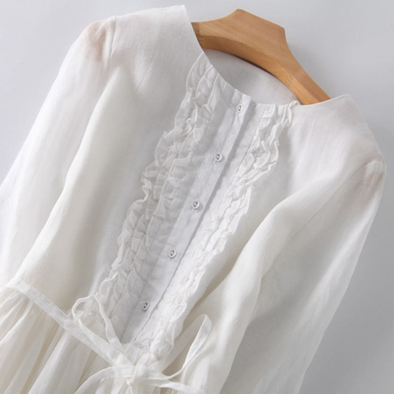 Abito midi da donna con maniche corte, lacci e tasche, modello casual con volant e motivo a volant, Buddha Stones - image 15