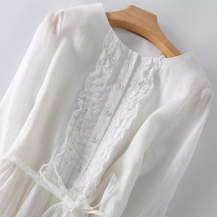 Abito midi da donna con maniche corte, lacci e tasche, modello casual con volant e motivo a volant, Buddha Stones - image 15