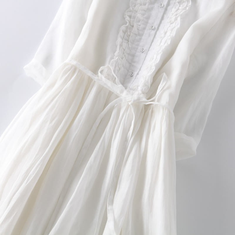 Abito midi da donna in cotone e lino con maniche corte, allacciato, casual, con volant e tasche, modello Buddha Stones - image 17