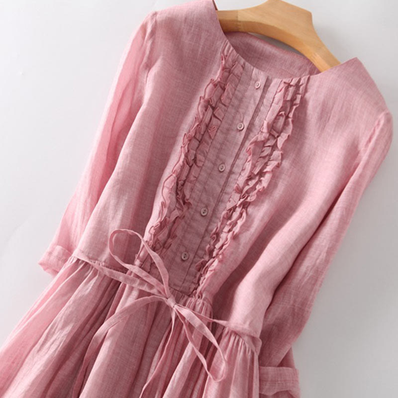 Abito midi da donna in cotone e lino con maniche corte, allacciato, casual, con volant e tasche, modello Buddha Stones - image 10