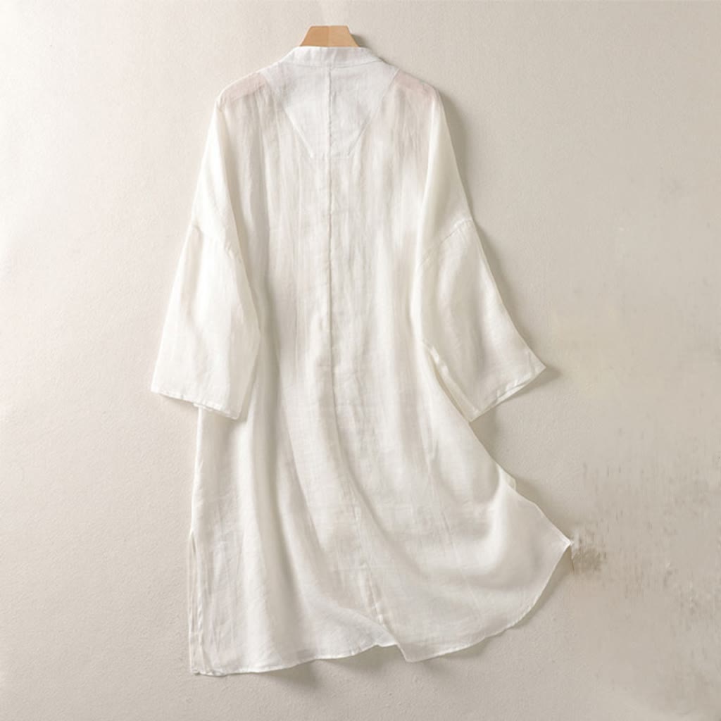 Abito midi da donna in cotone e lino con maniche lunghe e bottoni a rana, Buddha Stones - image 8