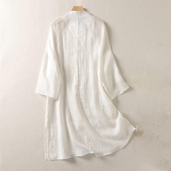Abito midi da donna in cotone e lino con maniche lunghe e bottoni a rana, Buddha Stones - image 8