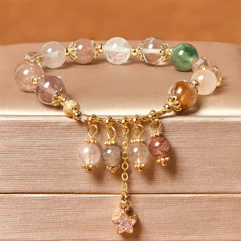 Braccialetto di auspicio con stelle a quadrifoglio e quarzo rutilato giallo colorato naturale di Buddha Stones