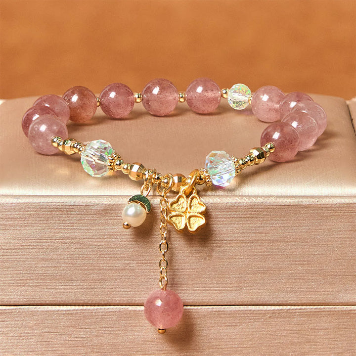 Braccialetto curativo con quadrifoglio e quarzo fragola naturale Buddha Stones