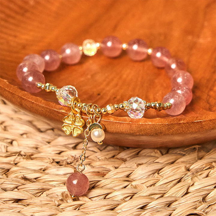 Braccialetto curativo con quadrifoglio e quarzo fragola naturale Buddha Stones
