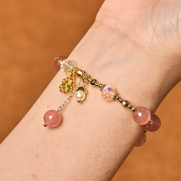 Braccialetto curativo con quadrifoglio e quarzo fragola naturale Buddha Stones