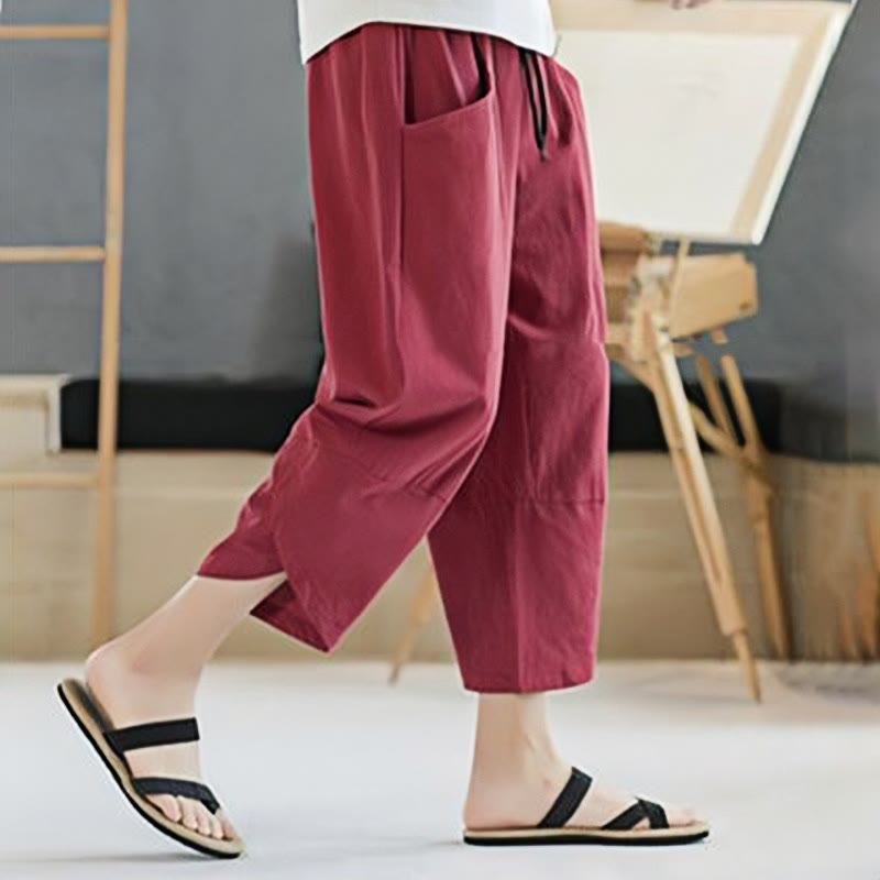 Pantaloni da uomo estivi Buddha Stones, tinta unita, in cotone e lino, con coulisse, lunghezza 7-8, con tasche