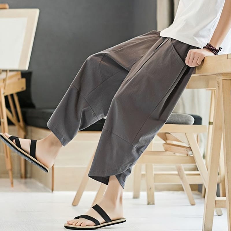 Pantaloni da uomo estivi Buddha Stones, tinta unita, in cotone e lino, con coulisse, lunghezza 7-8, con tasche