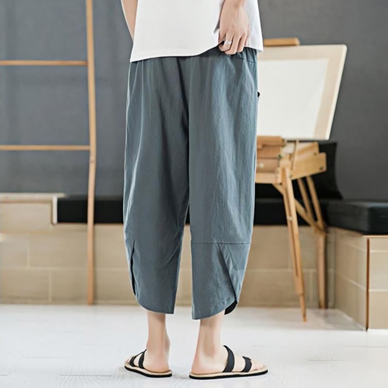 Pantaloni da uomo estivi Buddha Stones, tinta unita, in cotone e lino, con coulisse, lunghezza 7-8, con tasche
