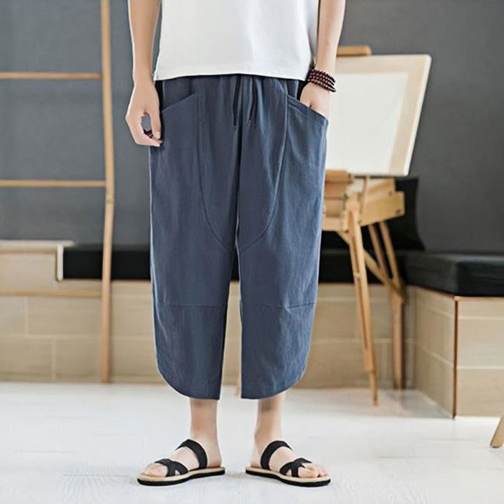 Pantaloni da uomo estivi Buddha Stones, tinta unita, in cotone e lino, con coulisse, lunghezza 7-8, con tasche