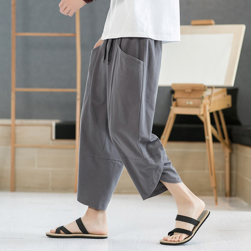Pantaloni da uomo estivi Buddha Stones, tinta unita, in cotone e lino, con coulisse, lunghezza 7-8, con tasche