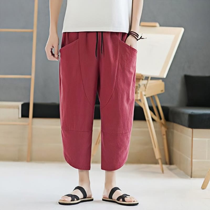 Pantaloni da uomo estivi Buddha Stones, tinta unita, in cotone e lino, con coulisse, lunghezza 7-8, con tasche