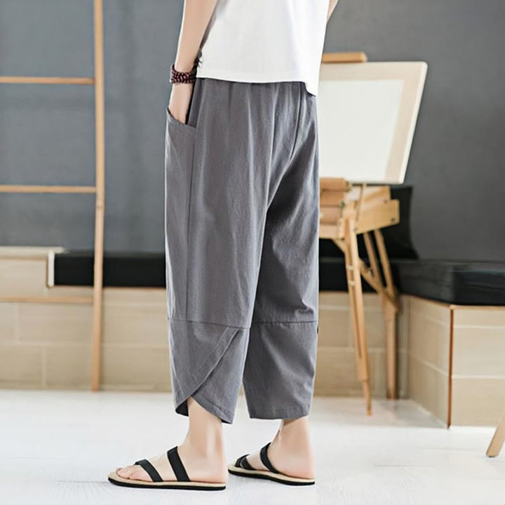 Pantaloni da uomo estivi Buddha Stones, tinta unita, in cotone e lino, con coulisse, lunghezza 7-8, con tasche