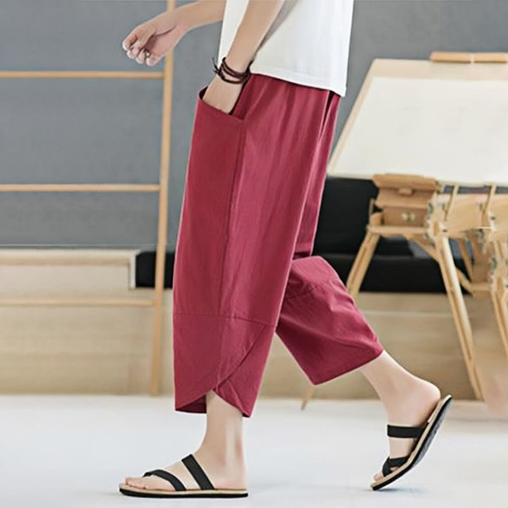 Pantaloni da uomo estivi Buddha Stones, tinta unita, in cotone e lino, con coulisse, lunghezza 7-8, con tasche
