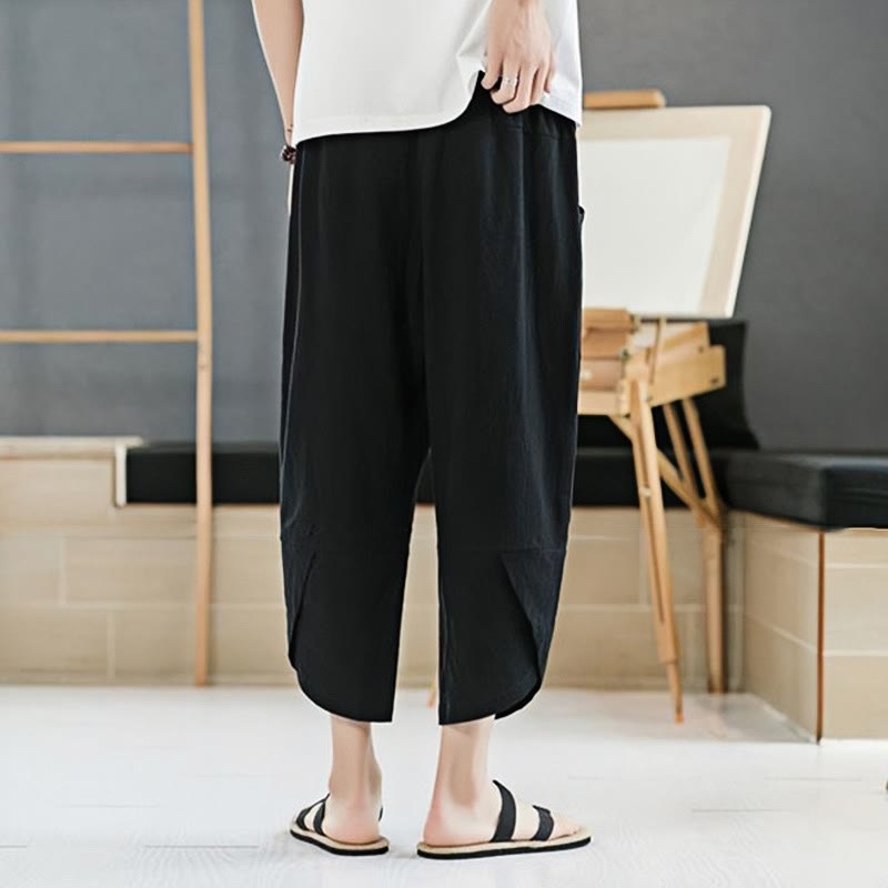 Pantaloni da uomo estivi Buddha Stones, tinta unita, in cotone e lino, con coulisse, lunghezza 7-8, con tasche