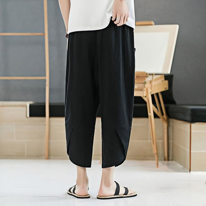 Pantaloni da uomo estivi Buddha Stones, tinta unita, in cotone e lino, con coulisse, lunghezza 7-8, con tasche