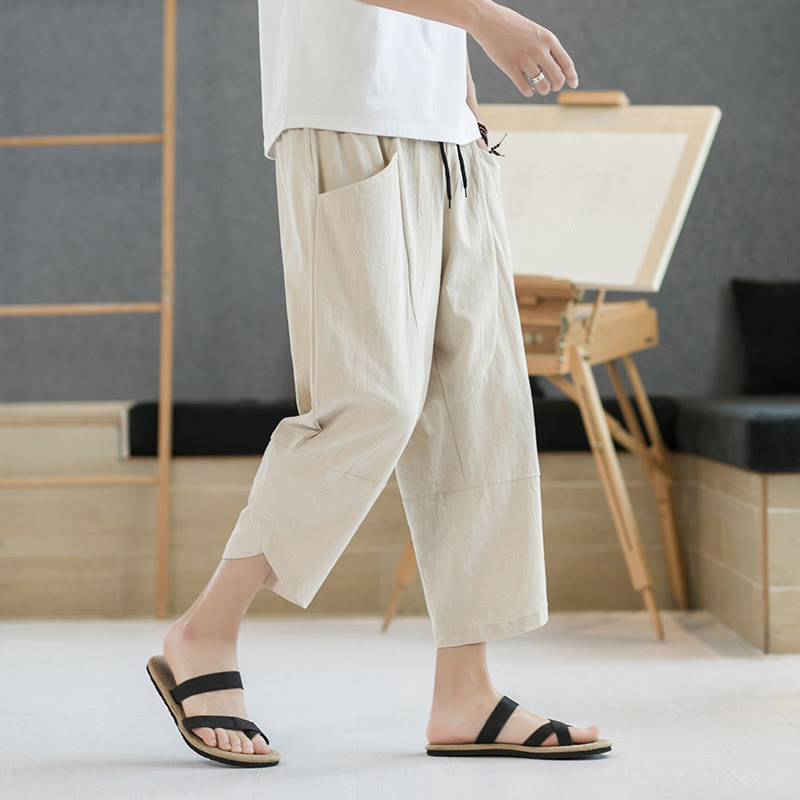 Pantaloni da uomo estivi Buddha Stones, tinta unita, in cotone e lino, con coulisse, lunghezza 7-8, con tasche