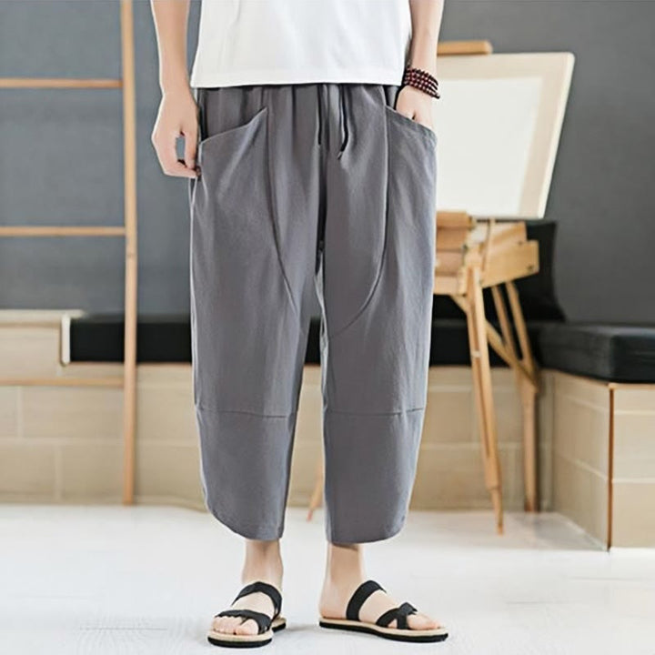 Pantaloni da uomo estivi Buddha Stones, tinta unita, in cotone e lino, con coulisse, lunghezza 7-8, con tasche