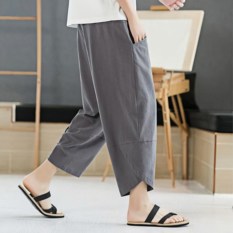 Pantaloni da uomo estivi Buddha Stones, tinta unita, in cotone e lino, con coulisse, lunghezza 7-8, con tasche