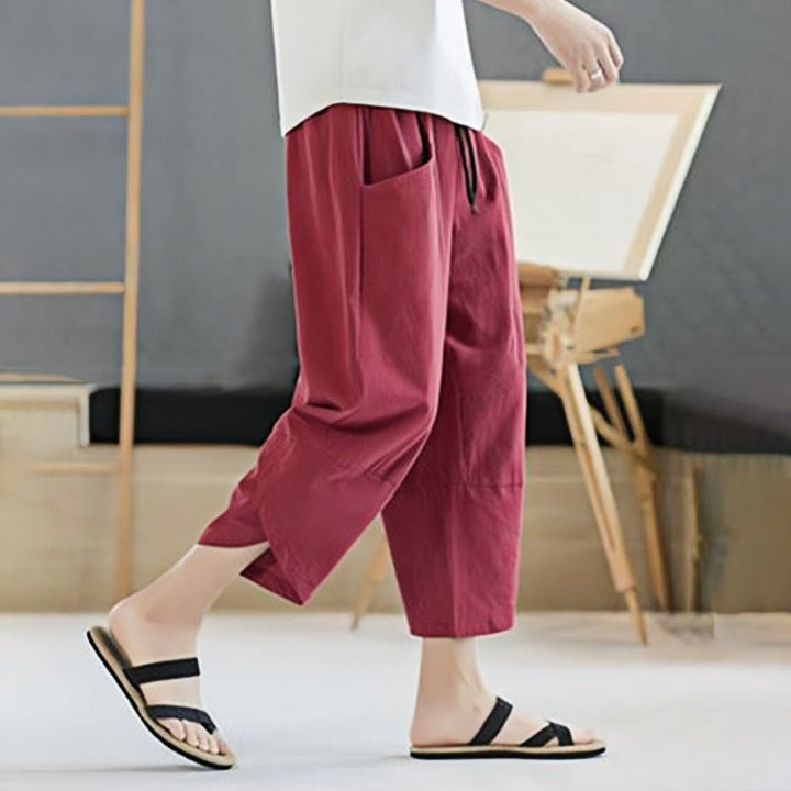 Pantaloni da uomo estivi Buddha Stones, tinta unita, in cotone e lino, con coulisse, lunghezza 7-8, con tasche