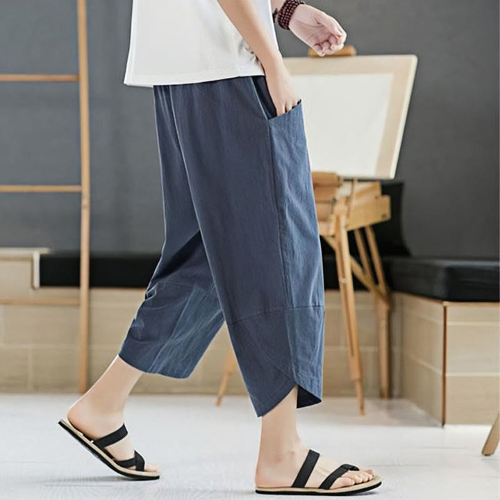 Pantaloni da uomo estivi Buddha Stones, tinta unita, in cotone e lino, con coulisse, lunghezza 7-8, con tasche