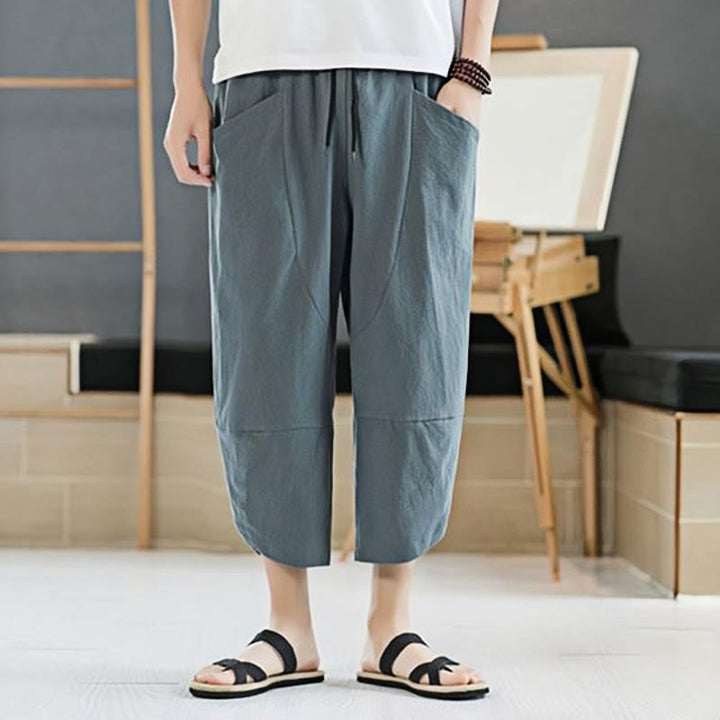 Pantaloni da uomo estivi Buddha Stones, tinta unita, in cotone e lino, con coulisse, lunghezza 7-8, con tasche
