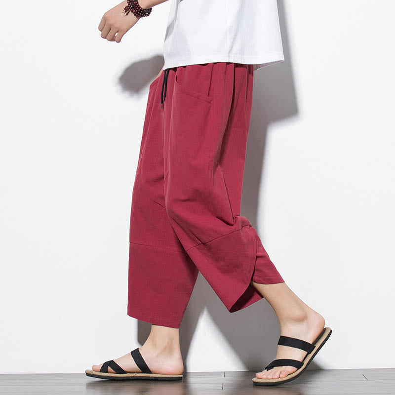Pantaloni da uomo estivi Buddha Stones, tinta unita, in cotone e lino, con coulisse, lunghezza 7-8, con tasche