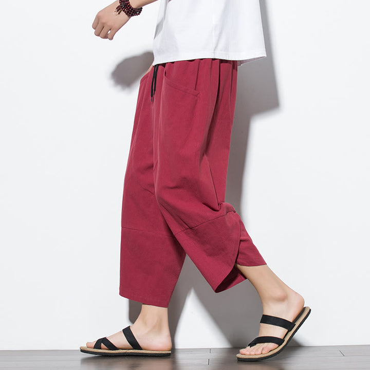 Pantaloni da uomo estivi Buddha Stones, tinta unita, in cotone e lino, con coulisse, lunghezza 7-8, con tasche