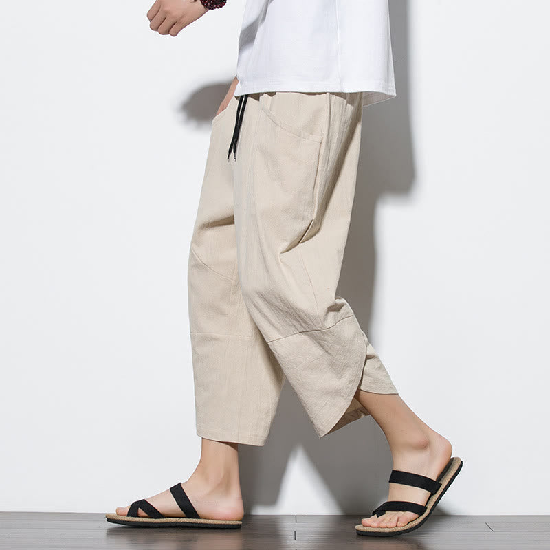 Pantaloni da uomo estivi Buddha Stones, tinta unita, in cotone e lino, con coulisse, lunghezza 7-8, con tasche