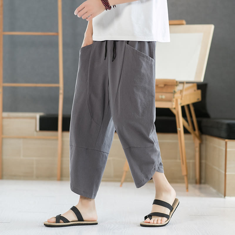 Pantaloni da uomo estivi Buddha Stones, tinta unita, in cotone e lino, con coulisse, lunghezza 7-8, con tasche