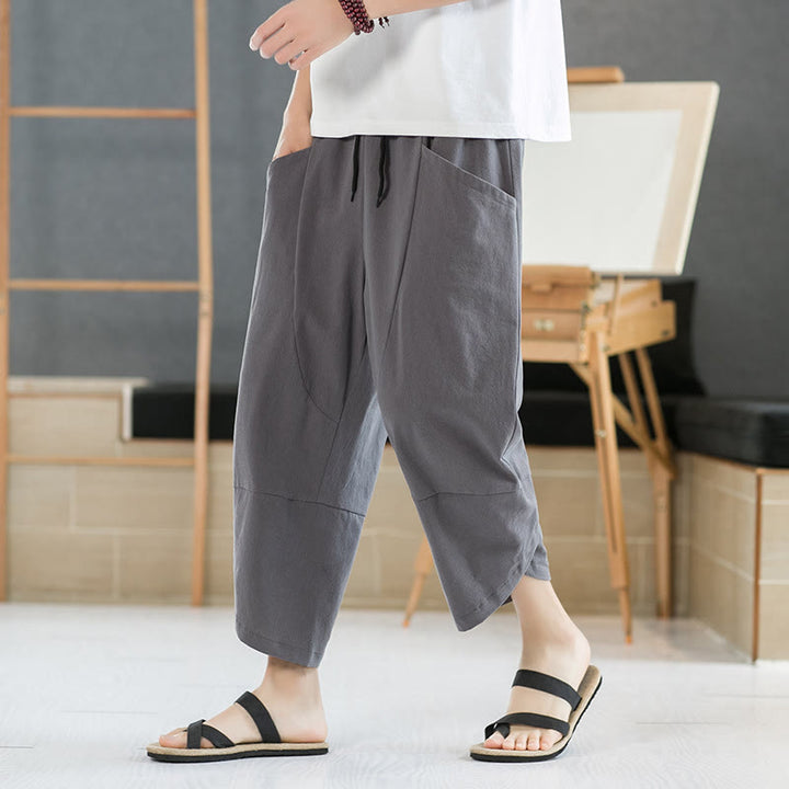 Pantaloni da uomo estivi Buddha Stones, tinta unita, in cotone e lino, con coulisse, lunghezza 7-8, con tasche