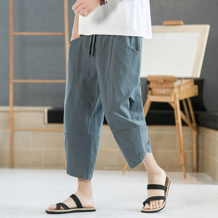 Pantaloni da uomo estivi Buddha Stones, tinta unita, in cotone e lino, con coulisse, lunghezza 7-8, con tasche