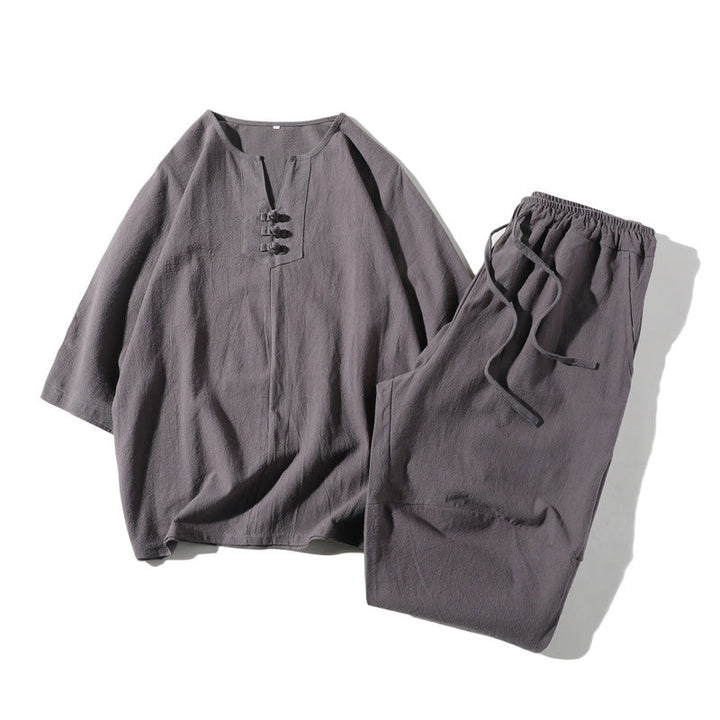 Set di 2 magliette con colletto a punta semplice Buddha Stones, lunghezza 7-8, pantaloncini a gamba larga con tasche, in cotone e lino, per meditazione da uomo