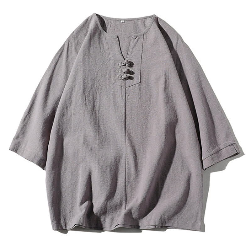 Set di 2 magliette con colletto a punta semplice Buddha Stones, lunghezza 7-8, pantaloncini a gamba larga con tasche, in cotone e lino, per meditazione da uomo