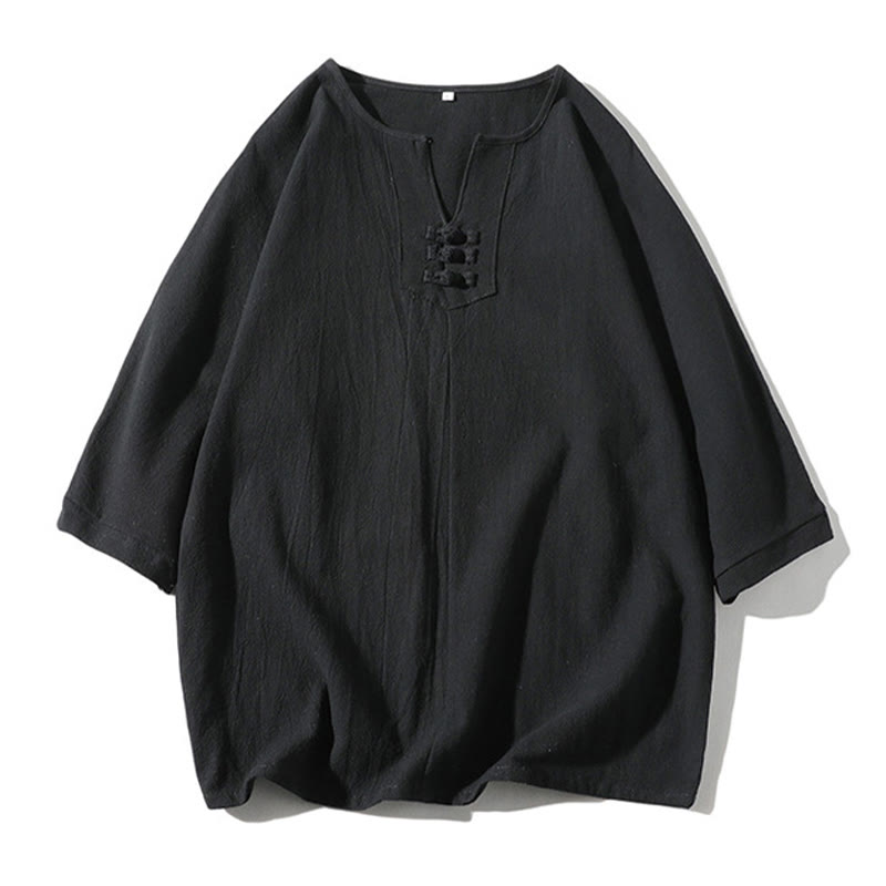 Set di 2 magliette con colletto a punta semplice Buddha Stones, lunghezza 7-8, pantaloncini a gamba larga con tasche, in cotone e lino, per meditazione da uomo