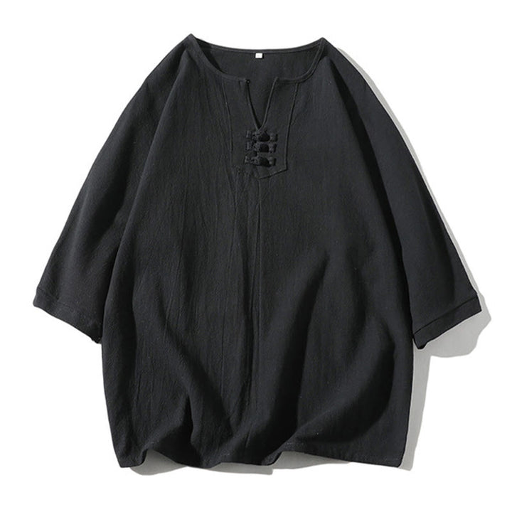 Set di 2 magliette con colletto a punta semplice Buddha Stones, lunghezza 7-8, pantaloncini a gamba larga con tasche, in cotone e lino, per meditazione da uomo