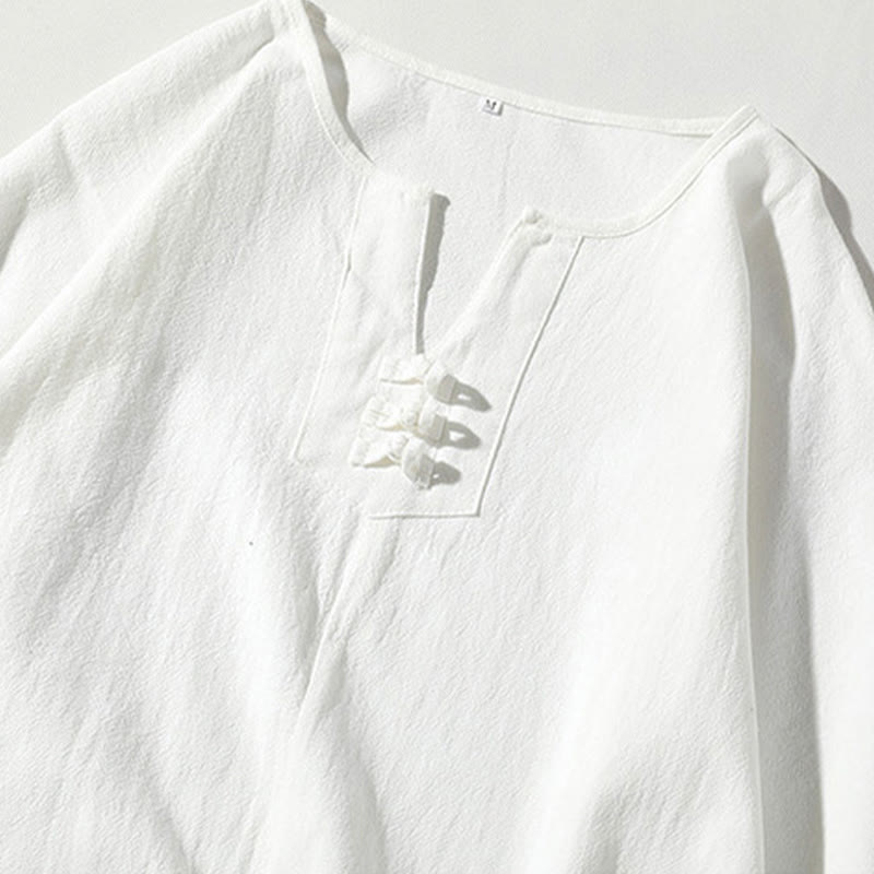 Set di 2 magliette con colletto a punta semplice Buddha Stones, lunghezza 7-8, pantaloncini a gamba larga con tasche, in cotone e lino, per meditazione da uomo