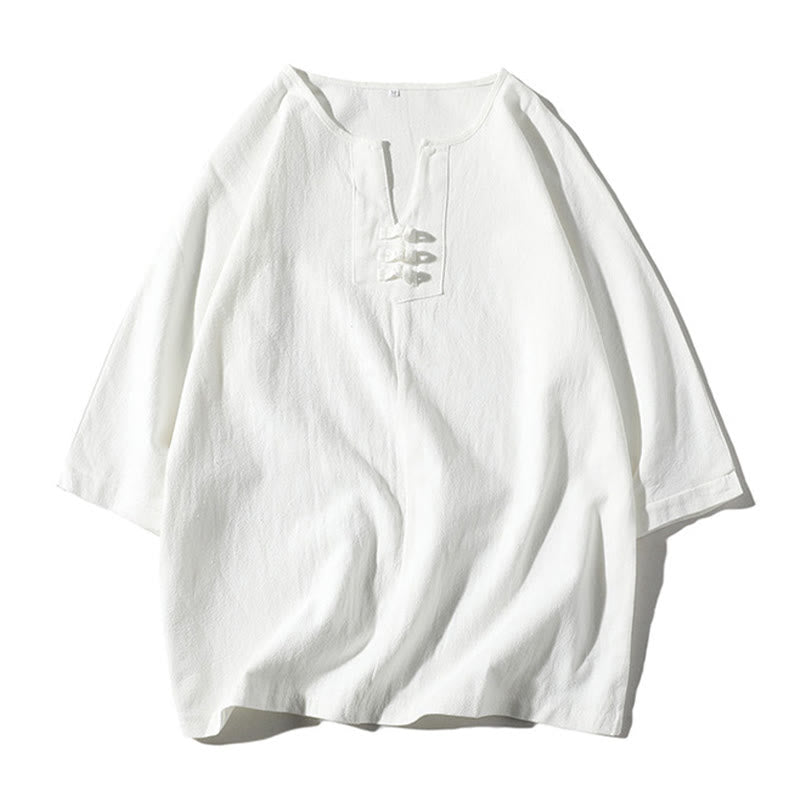 Set di 2 magliette con colletto a punta semplice Buddha Stones, lunghezza 7-8, pantaloncini a gamba larga con tasche, in cotone e lino, per meditazione da uomo