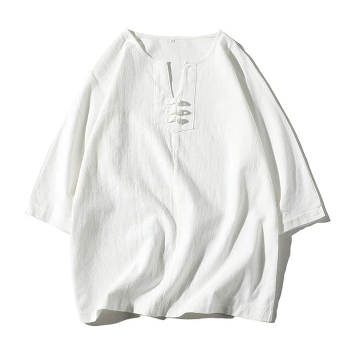 Set di 2 magliette con colletto a punta semplice Buddha Stones, lunghezza 7-8, pantaloncini a gamba larga con tasche, in cotone e lino, per meditazione da uomo