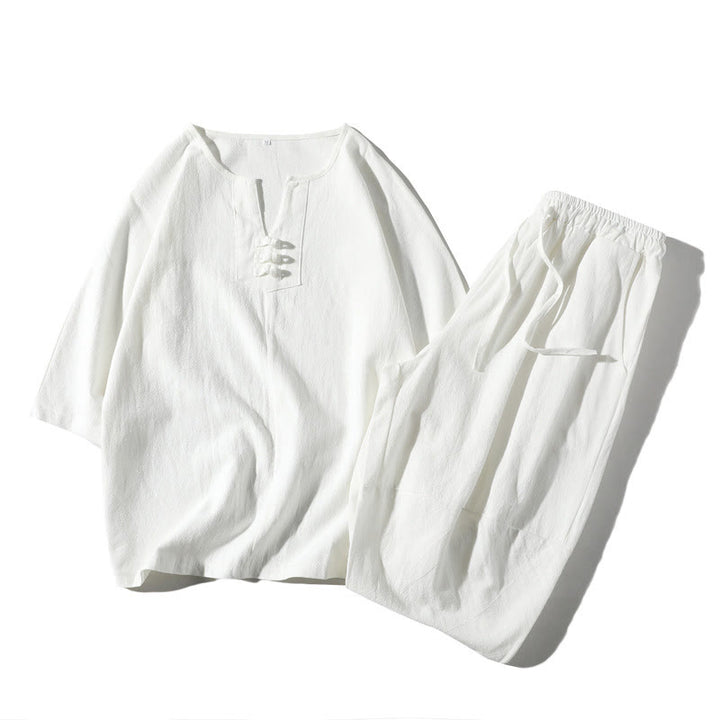 Set di 2 magliette con colletto a punta semplice Buddha Stones, lunghezza 7-8, pantaloncini a gamba larga con tasche, in cotone e lino, per meditazione da uomo