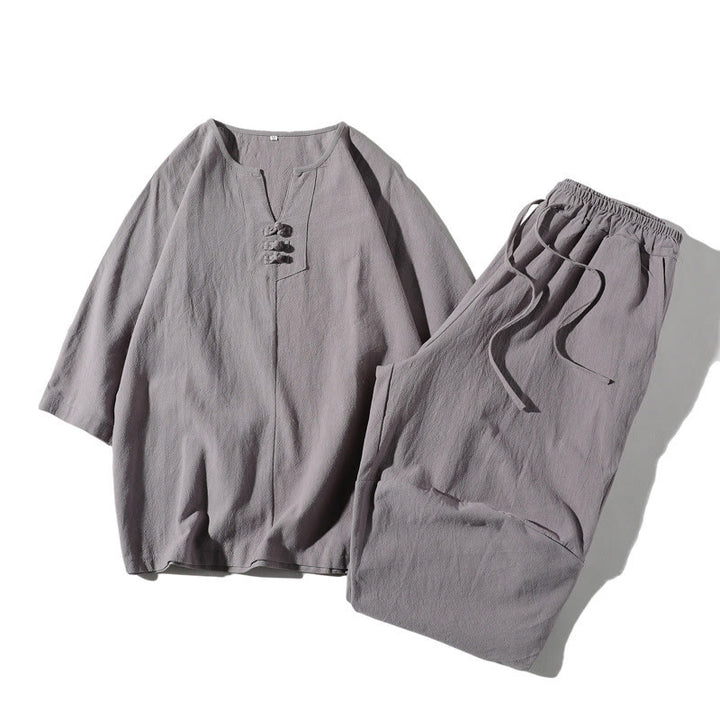 Set di 2 magliette con colletto a punta semplice Buddha Stones, lunghezza 7-8, pantaloncini a gamba larga con tasche, in cotone e lino, per meditazione da uomo