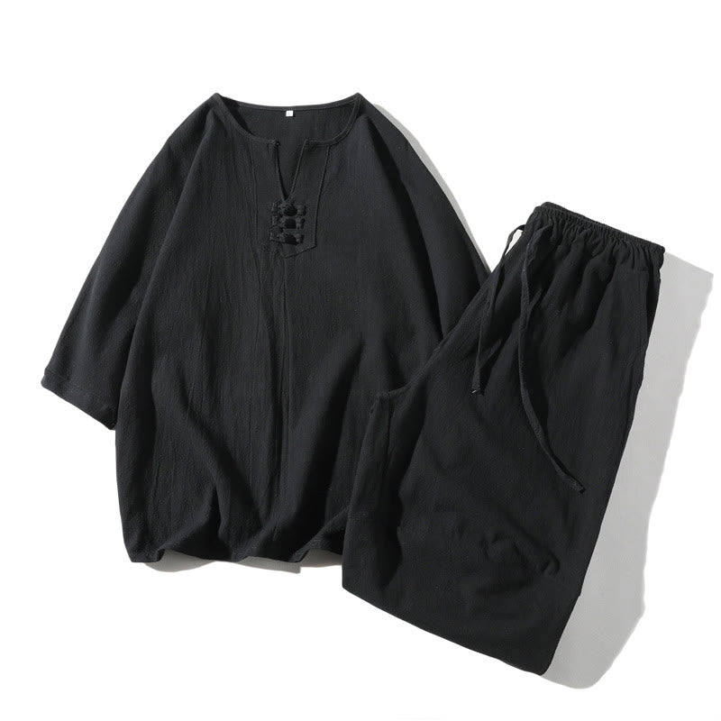 Set di 2 magliette con colletto a punta semplice Buddha Stones, lunghezza 7-8, pantaloncini a gamba larga con tasche, in cotone e lino, per meditazione da uomo