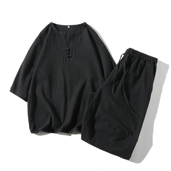 Set di 2 magliette con colletto a punta semplice Buddha Stones, lunghezza 7-8, pantaloncini a gamba larga con tasche, in cotone e lino, per meditazione da uomo