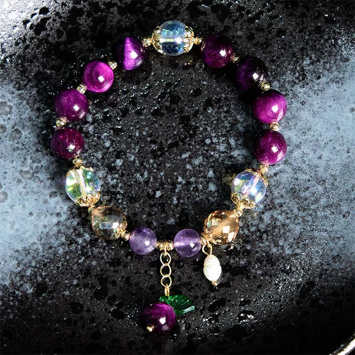 Buddha Stones Occhio di tigre rosso naturale Perle di occhio di tigre viola Braccialetto di protezione con foglia verde - image 9