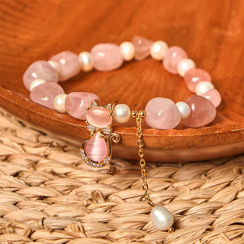 Braccialetto Buddha Stones Natural Strawberry Quartz Pearl Cat Positive - image 2