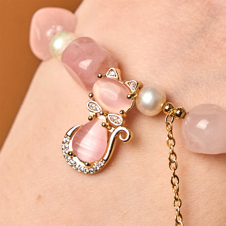 Braccialetto Buddha Stones Natural Strawberry Quartz Pearl Cat Positive - image 3